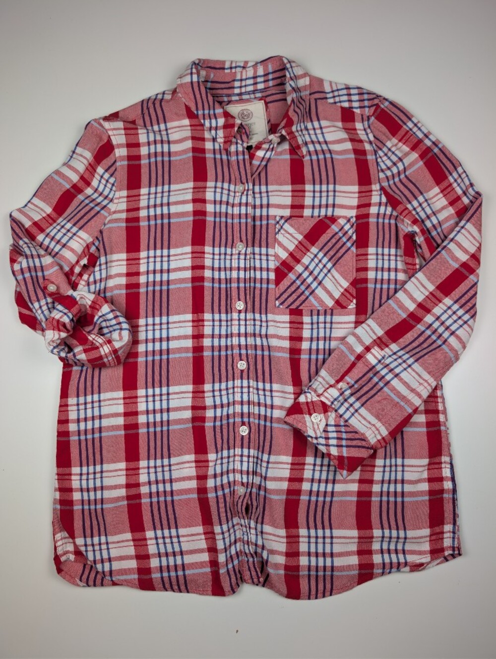 SO Perfect Shirt Women's L Plaid Button Down Roll Tab Sleeve Rayon Red